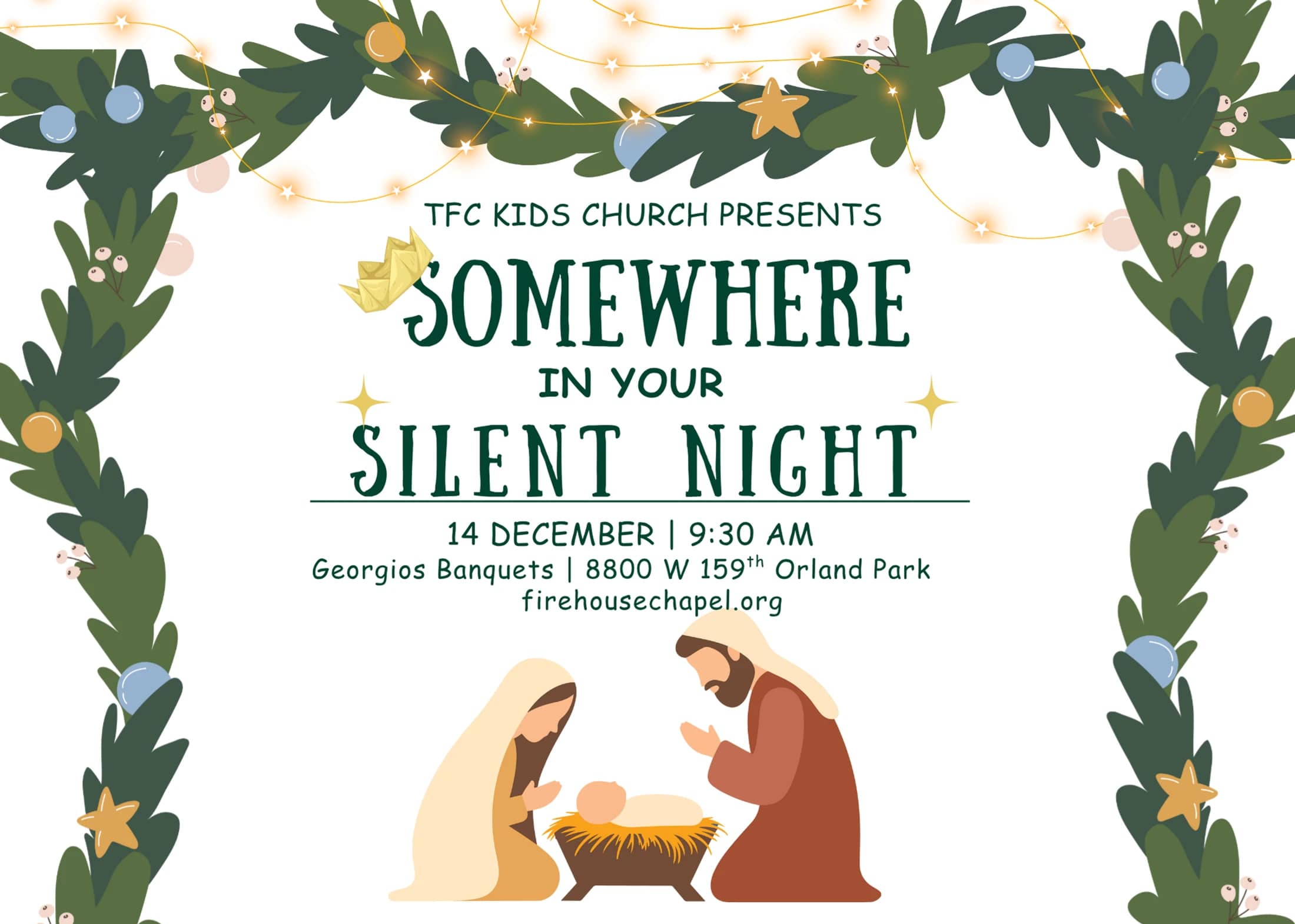 A flyer for a kids' church event titled 'Somewhere In Your Silent Night', framed by a garland and featuring an illustration of the nativity scene.